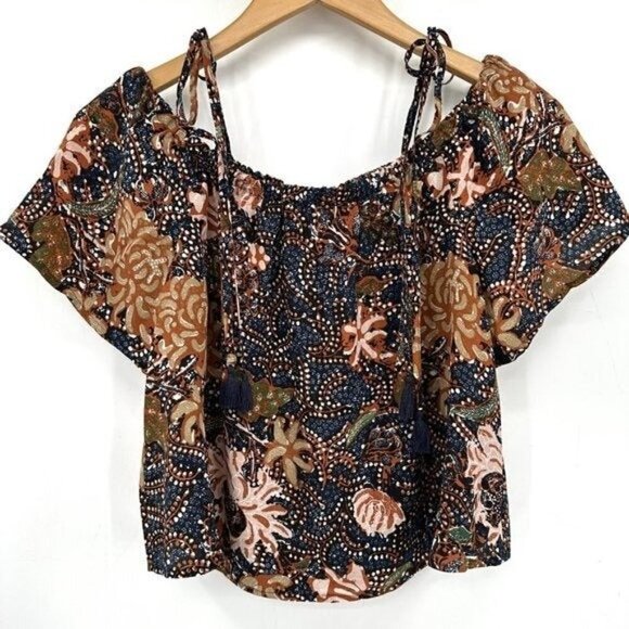 Madewell Navy Silk Cold Shoulder Sea Floral Boxy Flowy Tassel Cropped XS Blouse - Picture 8 of 10